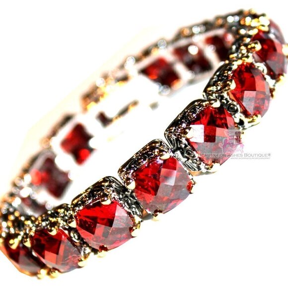 Bohemian Cushion Checker Cut Red Garnet Throne Room Great Tennis CZ Bracelet - Picture 1 of 2
